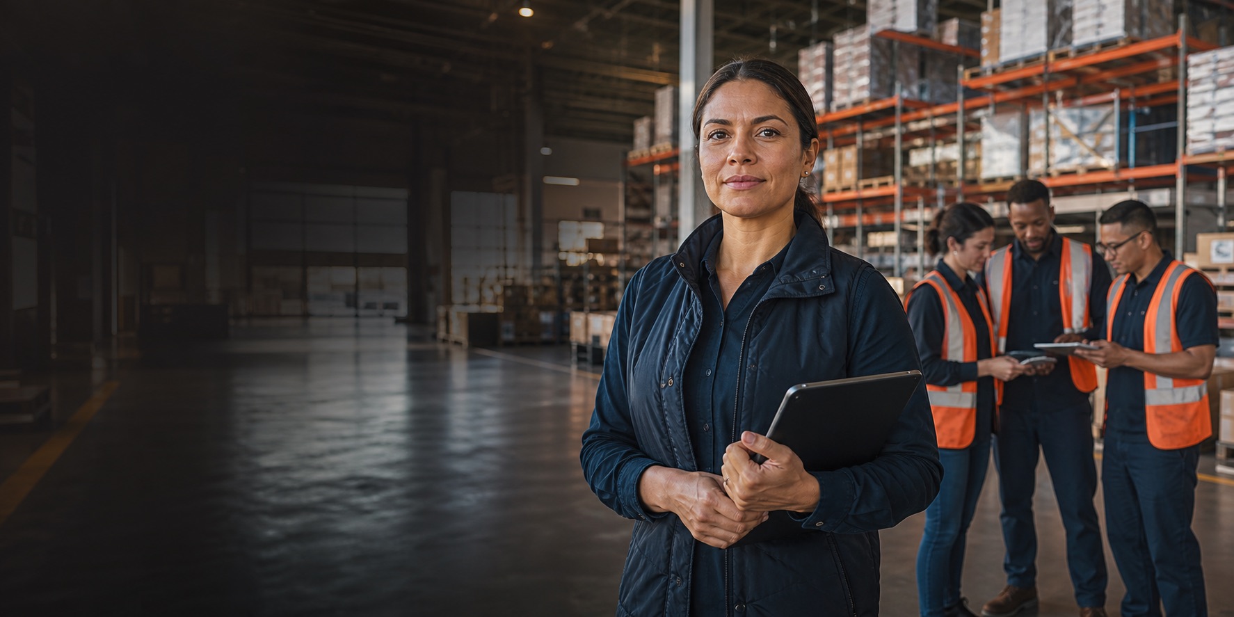 Warehouse operations lead standing with a tablet while a team works behind her